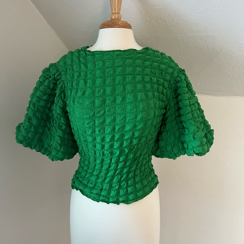 Green Eri & Ali green scrunch blouse from Anthropologie